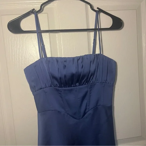 Beautiful blue satin midi Misha Amalthea dress XXS ruched - Picture 2 of 4